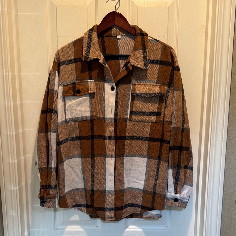Brown and White Plaid Button-Up Shirt